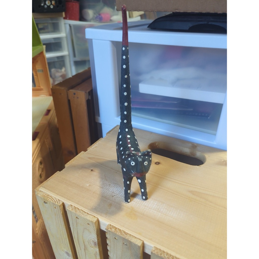 Vintage Folk Art Black White Red Dotted Wood Kitty Cat Long Tail Figurine
